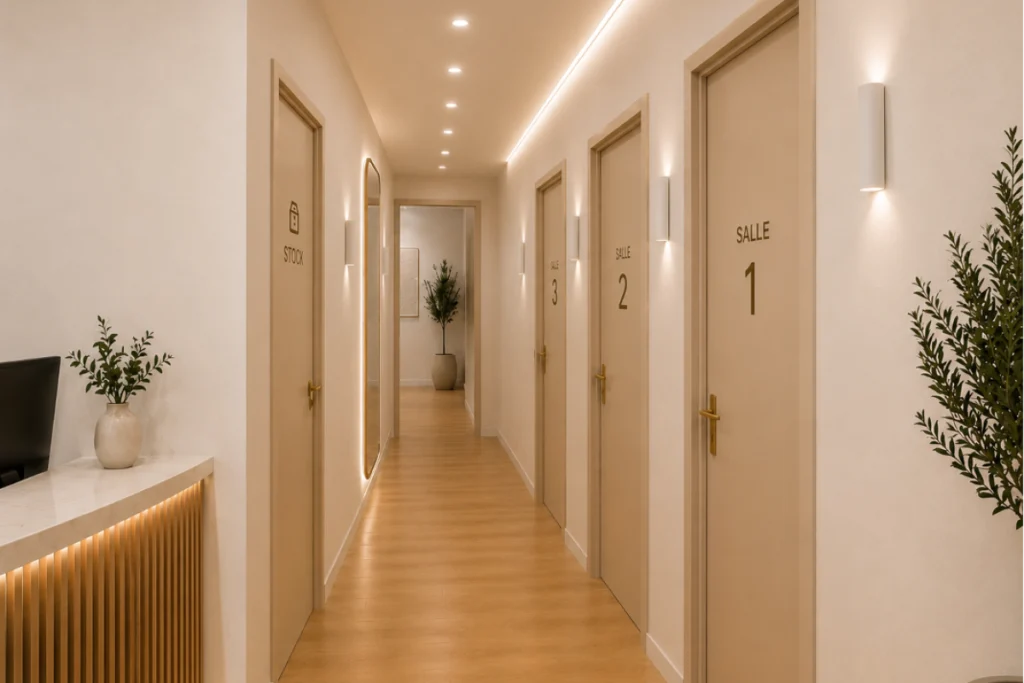 Couloir desservant les salles de soins du cabinet