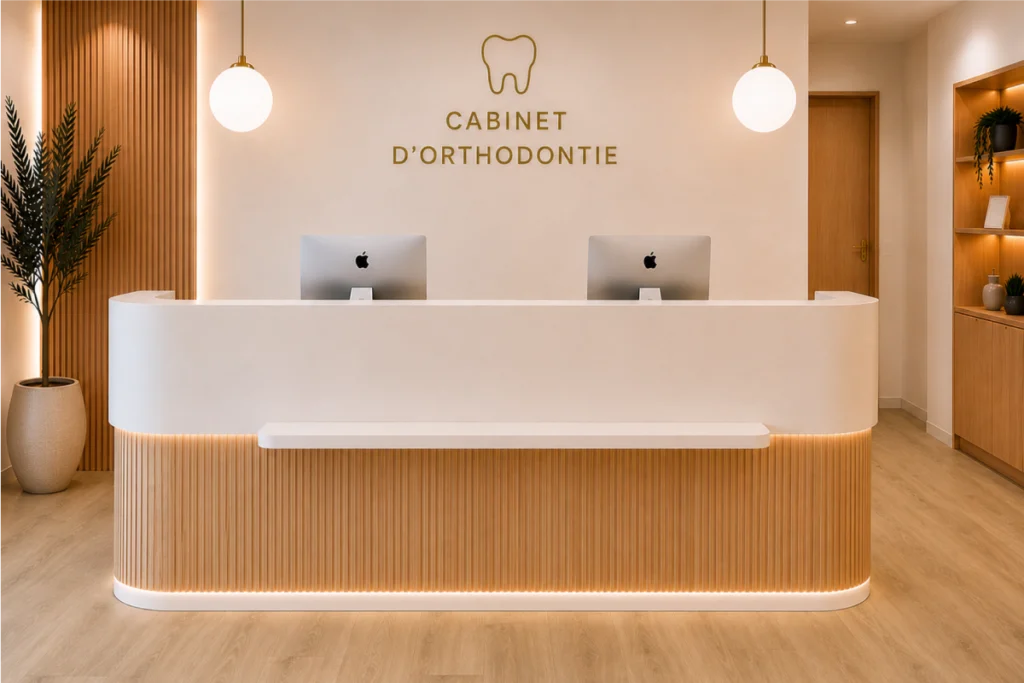Banque d’accueil du cabinet d’orthodontie, bois clair et plantes