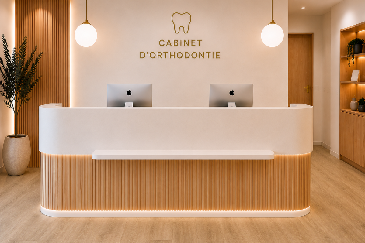 Banque d’accueil du cabinet d’orthodontie, bois clair et plantes