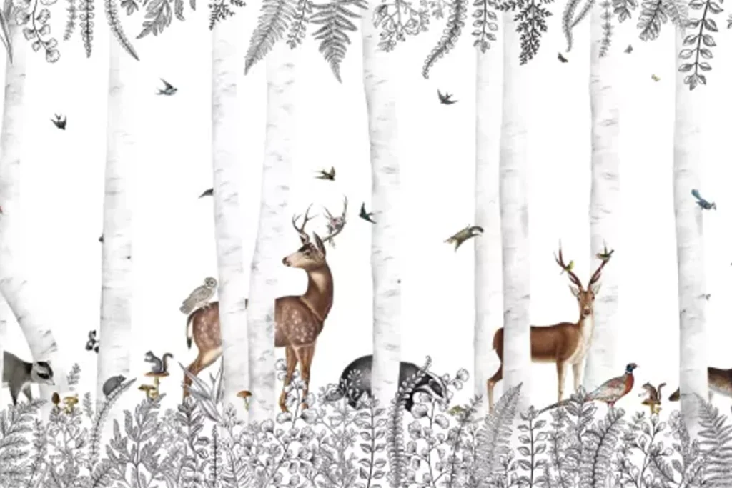 Fresque murale de bouleaux et de cerfs en sous-bois